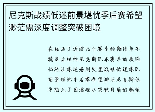 尼克斯战绩低迷前景堪忧季后赛希望渺茫需深度调整突破困境