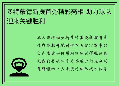 多特蒙德新援首秀精彩亮相 助力球队迎来关键胜利