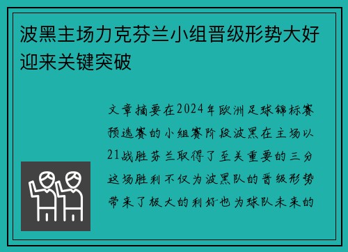 波黑主场力克芬兰小组晋级形势大好迎来关键突破
