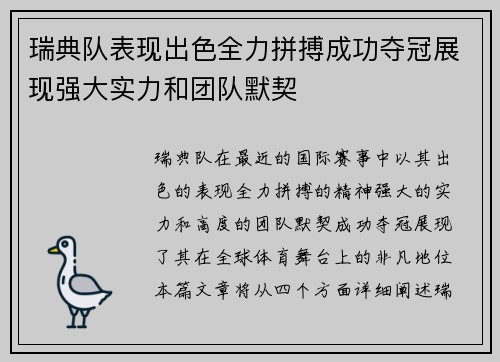 瑞典队表现出色全力拼搏成功夺冠展现强大实力和团队默契