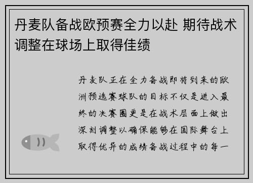 丹麦队备战欧预赛全力以赴 期待战术调整在球场上取得佳绩