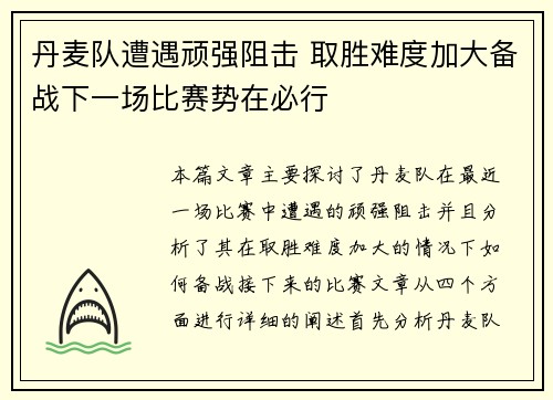 丹麦队遭遇顽强阻击 取胜难度加大备战下一场比赛势在必行